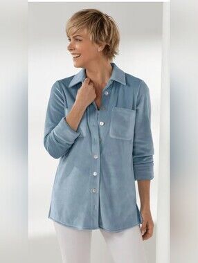 Soft Surroundings Old Softy Shacket 1X Blue Velour Shirt Jacket Cozy Plus Size